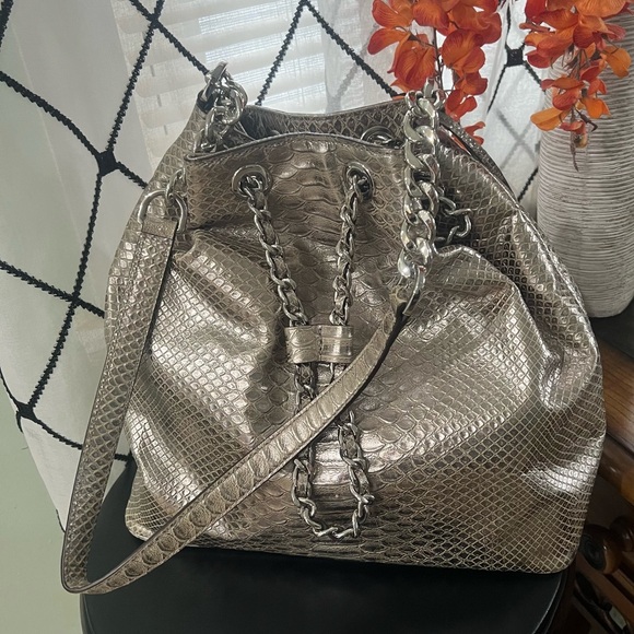 Michael Kors Handbags - Michael Kors Metallic Silver Snake-Embossed Shoulder Bag